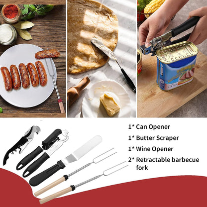 Portable Camping Kitchen Utensil Set-27 Piece Cookware Kit, Stainless Steel Outdoor Cooking and Grilling Utensil Organizer Travel Set Perfect for Travel, Picnics, Rvs, Camping, Bbqs, Parties and More