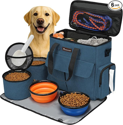 Dog Travel Bag with 2 Food Bags, 2 Bowls and 1 Mat (Blue) | Roomy Main Compartment | Multiple Functional Pockets | Water-Resistant Oxford Fabric | PVC Backing | Leak-Resistant Lining