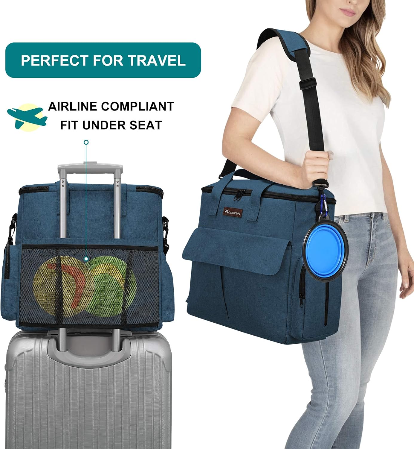 Dog Travel Bag with 2 Food Bags, 2 Bowls and 1 Mat (Blue) | Roomy Main Compartment | Multiple Functional Pockets | Water-Resistant Oxford Fabric | PVC Backing | Leak-Resistant Lining