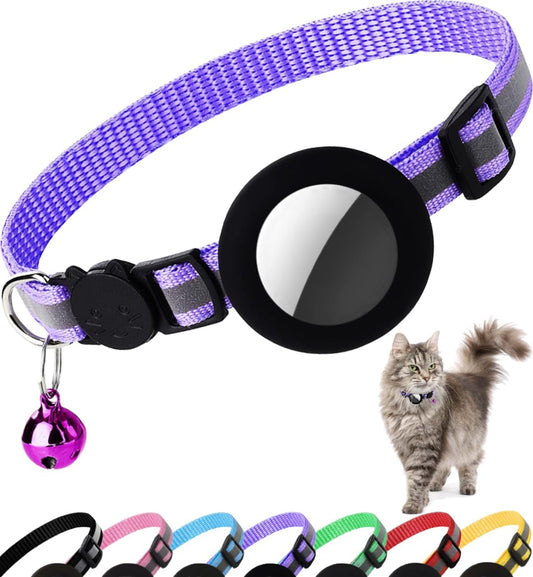Airtag Cat Collar Breakaway, Cat Collar with Air Tag Holder(Purple) | Safety Breakaway Buckle, Reflective Strip, Lightweight, Bell, 0.4 Inches in Width, Adjustable Size to Fit Different Cats