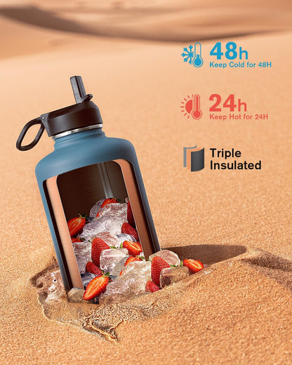 Water Bottle 87 Oz with Straw, 2/3 Gallon Insulated Stainless Steel Large 3 Lids Big Water Jug for Sports or Office, Non-Bpa Keep Cold up to 48 Hrs or Hot up to 24 Hrs, Samurai Cyan