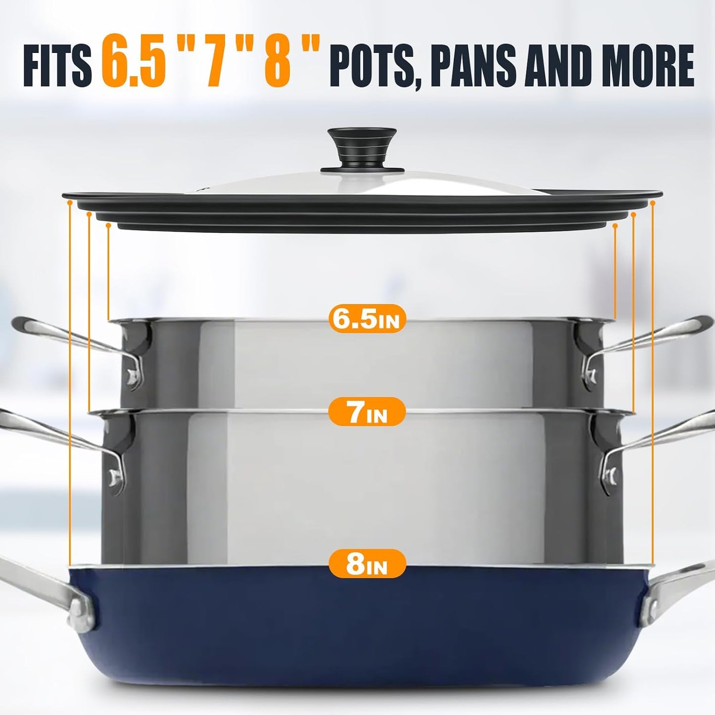 Universal Lid for Pots, Pans and Skillets & Frying Pan - Small Pan Lids Fits 6.5", 7" and 8" Diameter Cookware - Tempered Glass with Heat Resistant Silicone Rim