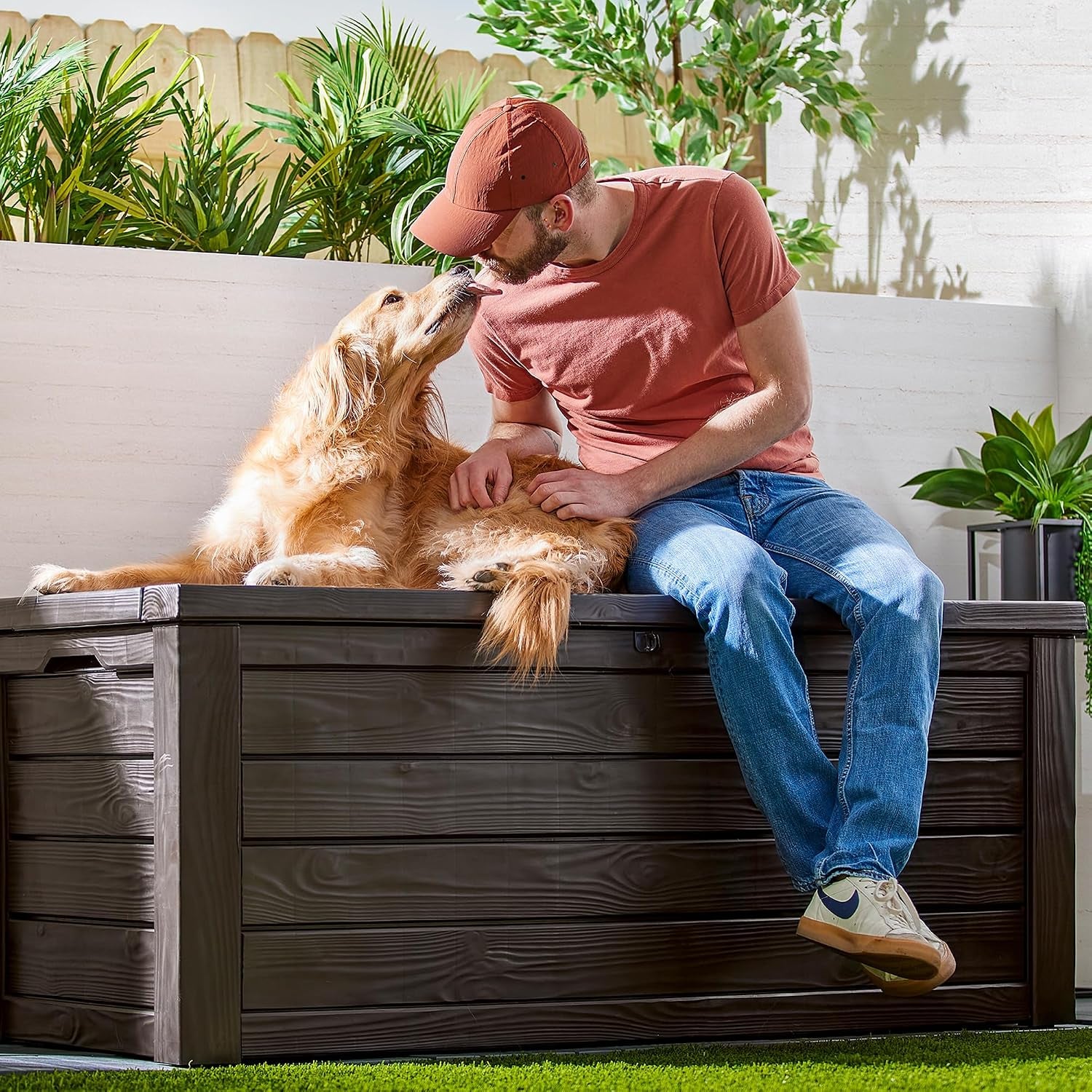 Keter 150 Gallon Resin Large Deck Box Organization and Storage Box for Patio, Outdoor Cushions, Garden Tools, Brown | Brown, Resin, Large, Weatherproof, Lockable, Hydraulic Pistons, Easy Assembly, Organization, Patio Cushions Storage