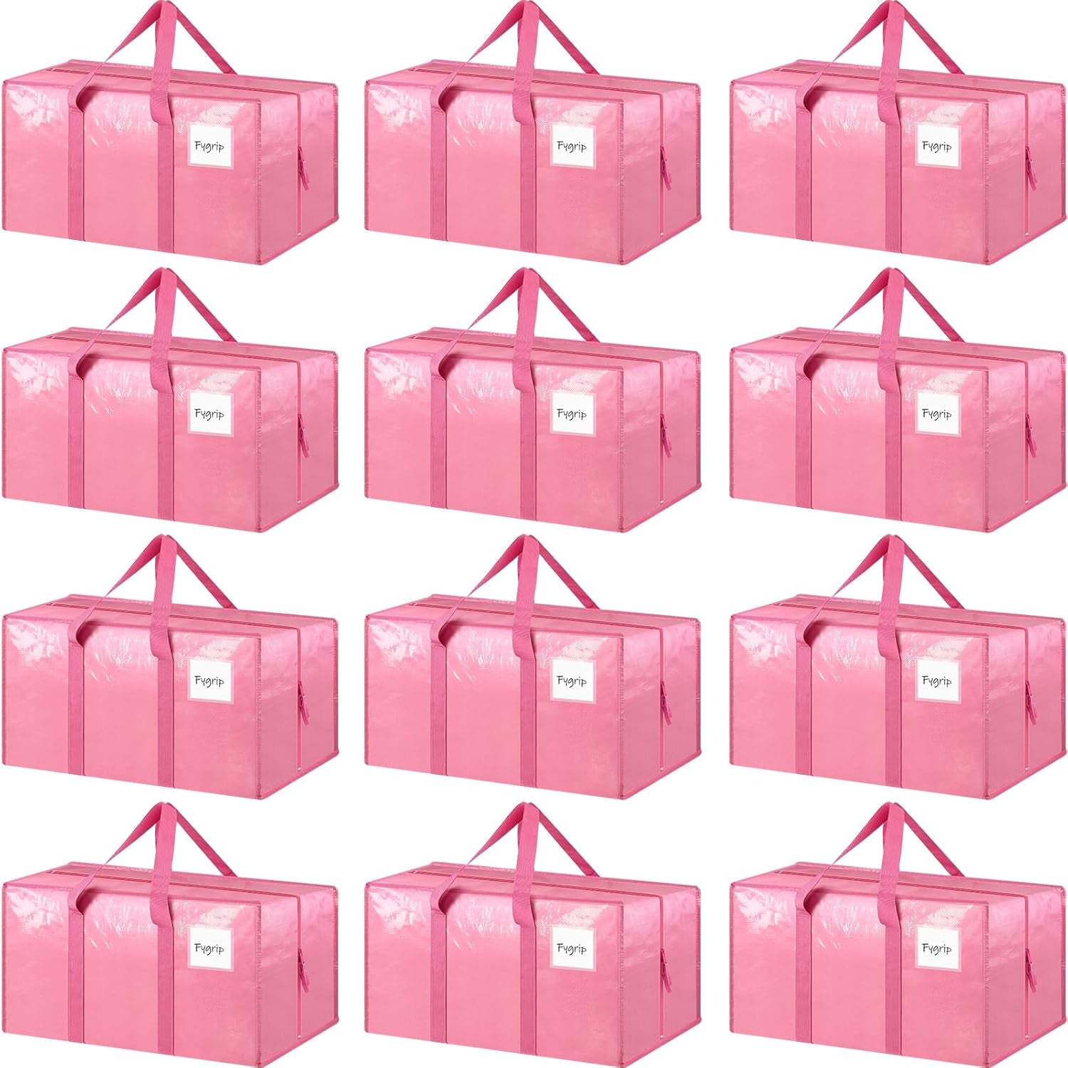 12 Pack Extra Heavy Duty Large Moving Bags with Strong Zipper & Comfortable Handles, Sturdy & Durable Clothes Storage Bags Totes Bins, Packing Moving Boxes for College Supplies, Pink