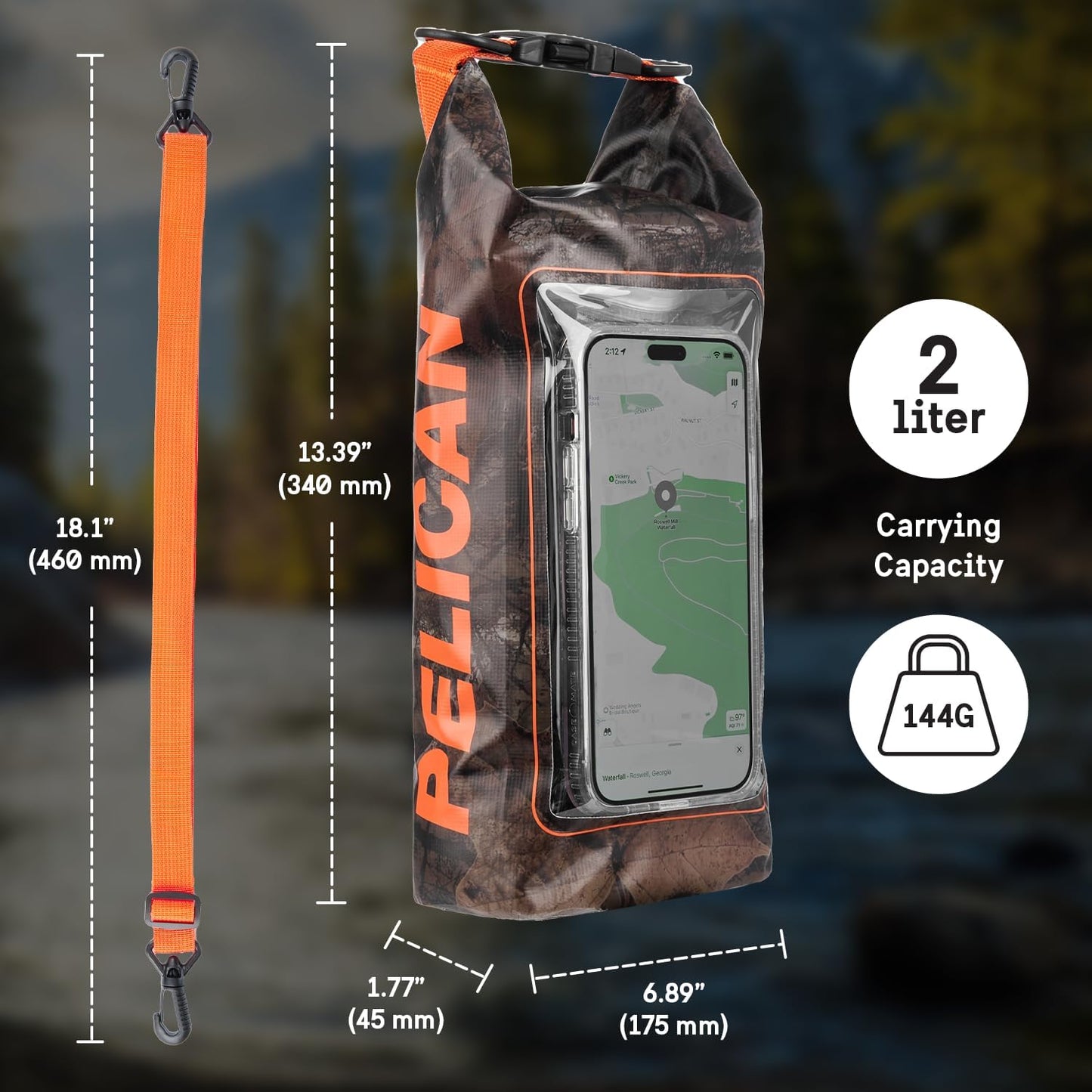 Pelican Marine IP68 Waterproof Dry Bag 2L W/Phone Pouch/Case - Hunter Camo | Roll Top Waterproof Backpack with Touchscreen Phone Pouch - Swimming, Kayaking, Camping, Rafting, Fishing & Travel Essentials