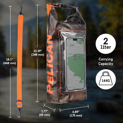 Pelican Marine IP68 Waterproof Dry Bag 2L W/Phone Pouch/Case - Hunter Camo | Roll Top Waterproof Backpack with Touchscreen Phone Pouch - Swimming, Kayaking, Camping, Rafting, Fishing & Travel Essentials