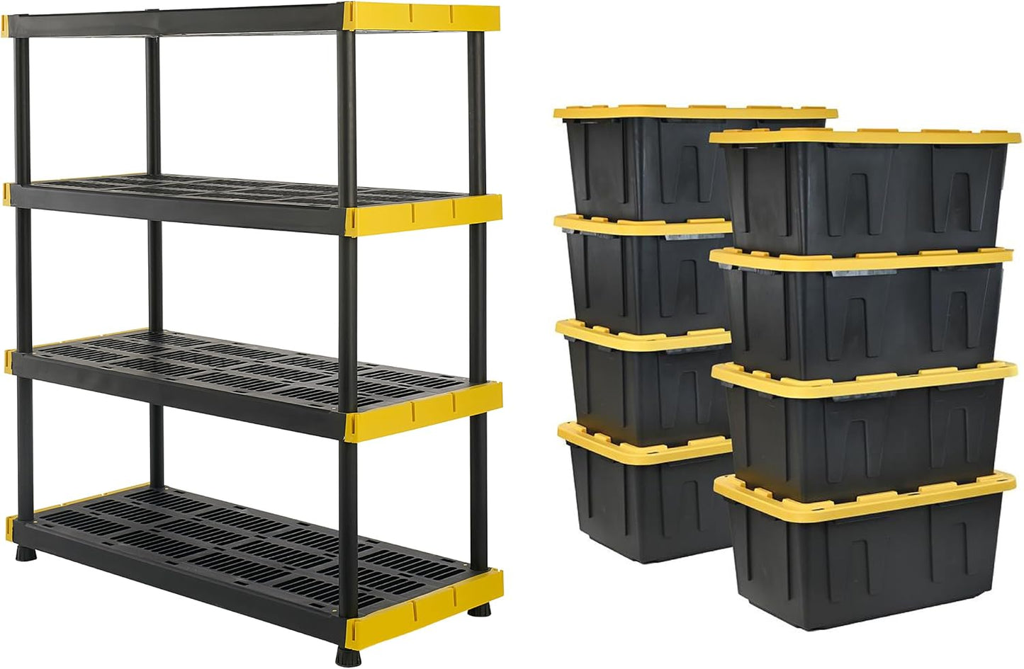 Black & Yellow 4-Tier Heavy Duty Storage Shelves and 8 Heavy Duty Storage Bins with Lids, 4 Shelves That Support up to 200Lbs/Shelf + 27 Gallon Containers (8-Pack), Organization and Storage