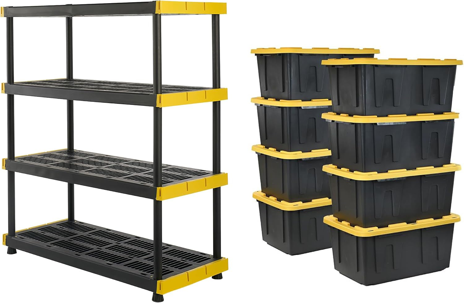 Black & Yellow 4-Tier Heavy Duty Storage Shelves and 8 Heavy Duty Storage Bins with Lids, 4 Shelves That Support up to 200Lbs/Shelf + 27 Gallon Containers (8-Pack), Organization and Storage