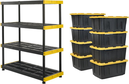 Black & Yellow 4-Tier Heavy Duty Storage Shelves and 8 Heavy Duty Storage Bins with Lids, 4 Shelves That Support up to 200Lbs/Shelf + 27 Gallon Containers (8-Pack), Organization and Storage