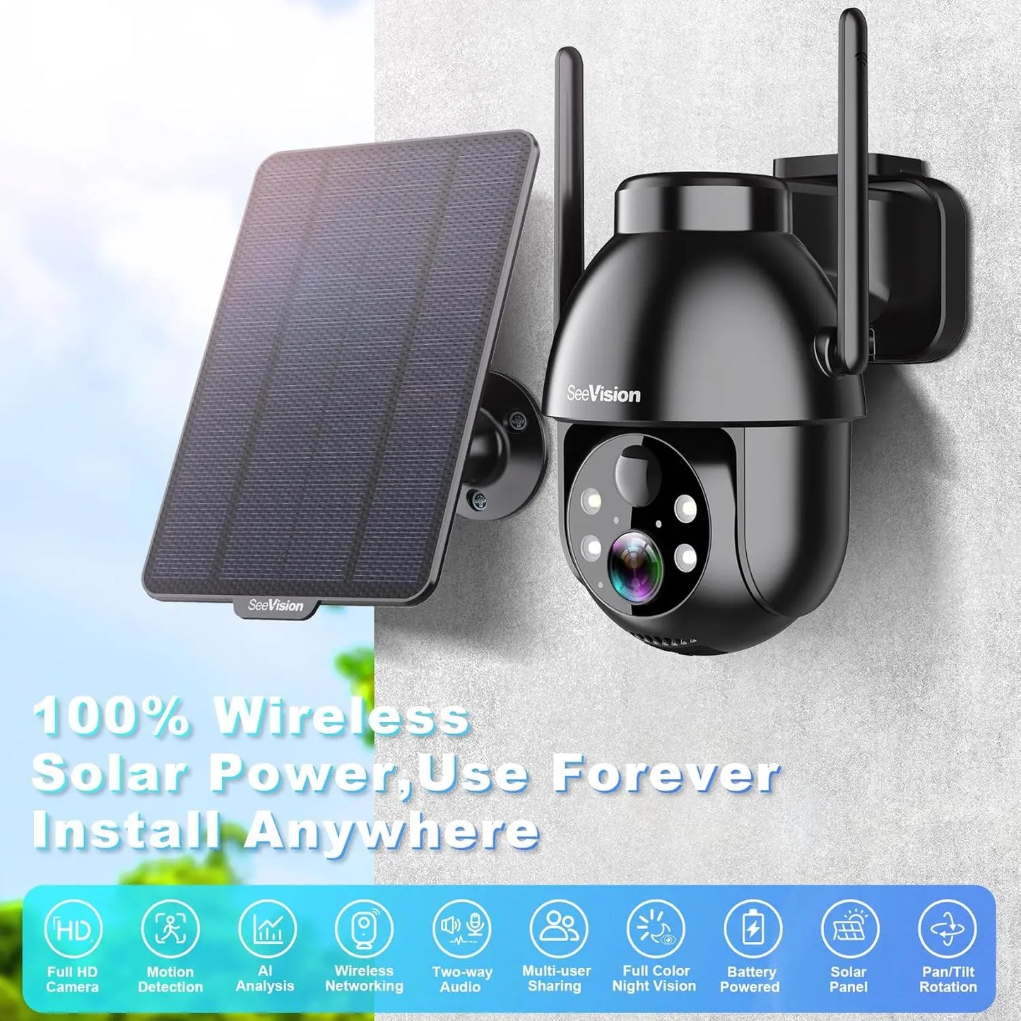 Seevision Solar WIFI Security Camera with Spotlight, 1080P HD Clear Picture,Pir Motion Detection, Color Night Vision, Waterproof Black White Security Camera