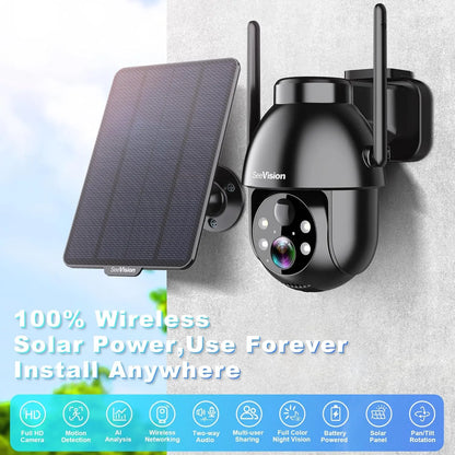 Seevision Solar WIFI Security Camera with Spotlight, 1080P HD Clear Picture,Pir Motion Detection, Color Night Vision, Waterproof Black White Security Camera
