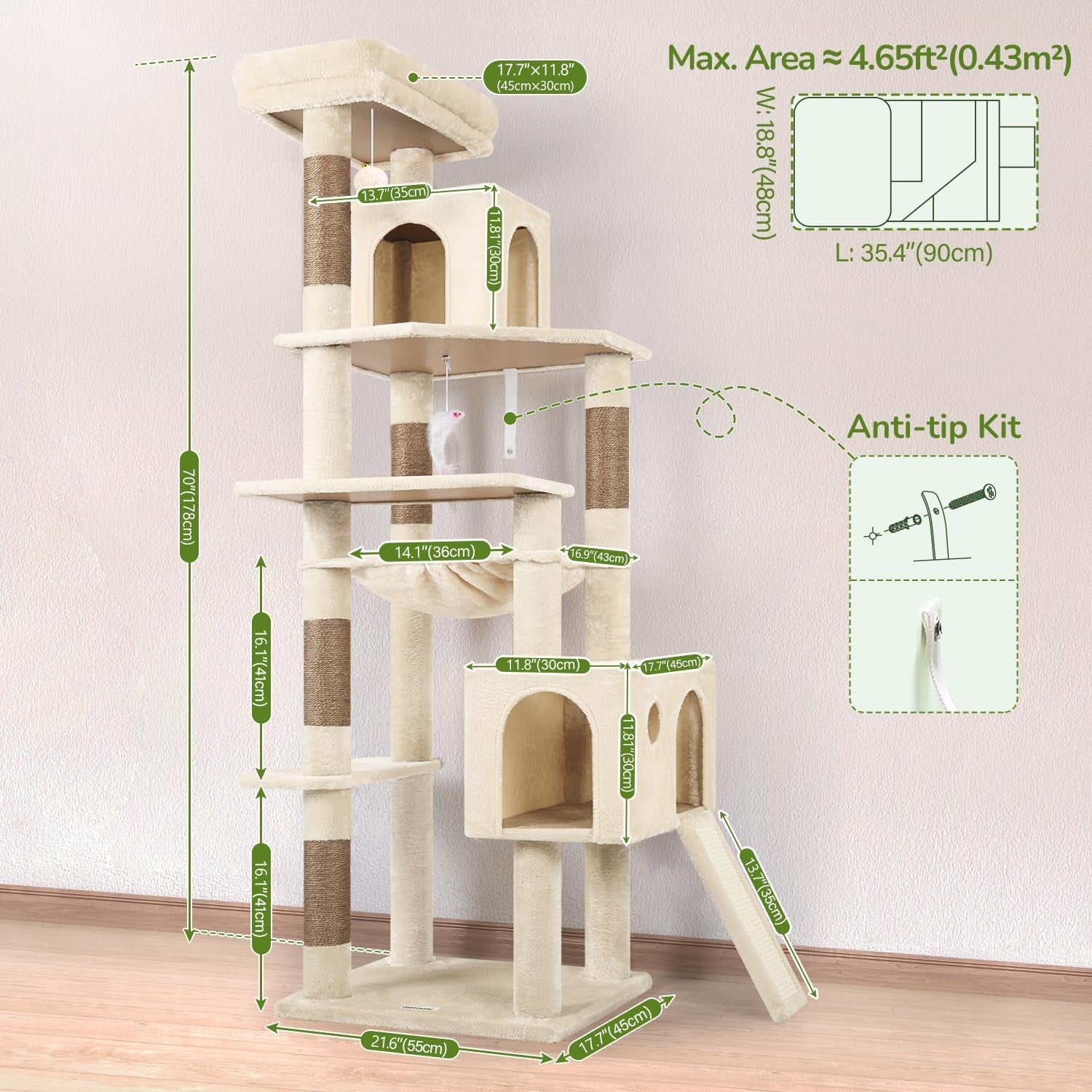Heavy Duty Cat Tree Tower, 70Inch Sturdy Cat Tree for Indoor Cats Sturdy Large Cat Tower with Scratching Post and Scratching Board, Hammock, Cat Condo for Adult Cats Kittens, F70 Pro, Beige