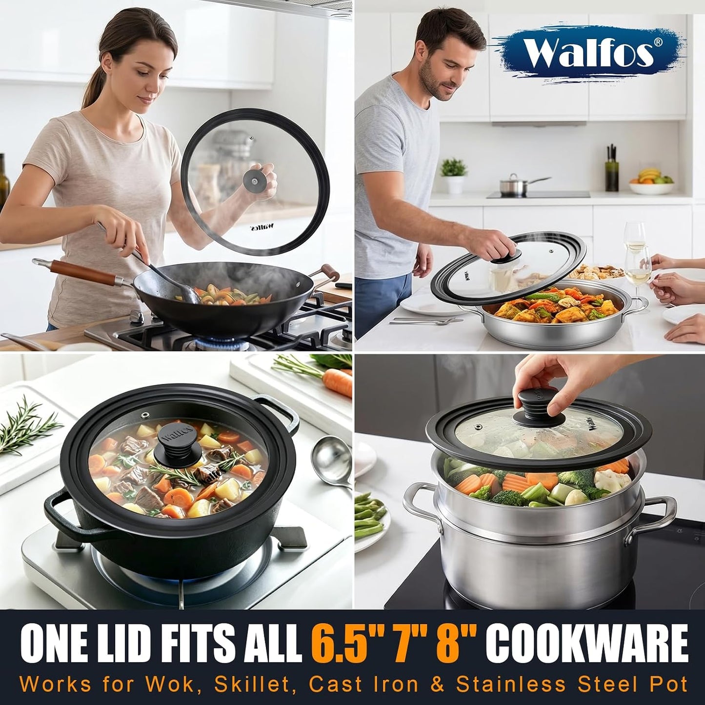 Universal Lid for Pots, Pans and Skillets & Frying Pan - Small Pan Lids Fits 6.5", 7" and 8" Diameter Cookware - Tempered Glass with Heat Resistant Silicone Rim