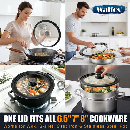 Universal Lid for Pots, Pans and Skillets & Frying Pan - Small Pan Lids Fits 6.5", 7" and 8" Diameter Cookware - Tempered Glass with Heat Resistant Silicone Rim