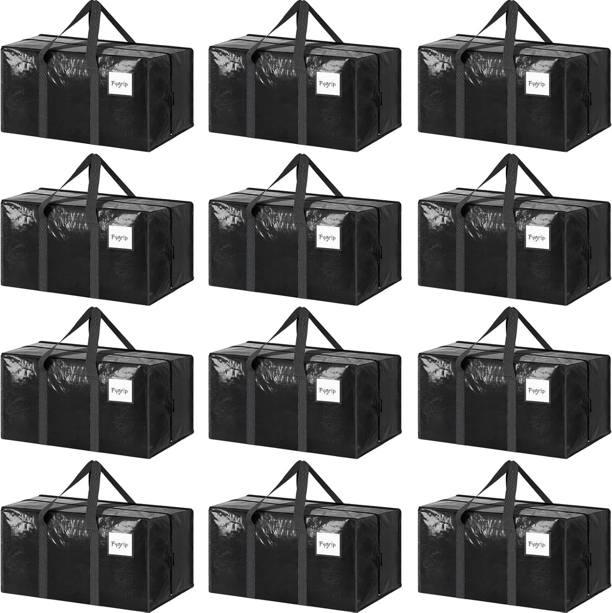 12 Pack Extra Heavy Duty Large Moving Bags with Strong Zipper & Comfortable Handles, Sturdy & Durable Clothes Storage Bags Totes Bins, Packing Moving Boxes for College Supplies, Black