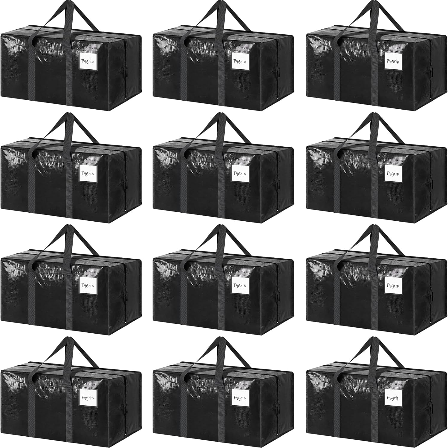 12 Pack Extra Heavy Duty Large Moving Bags with Strong Zipper & Comfortable Handles, Sturdy & Durable Clothes Storage Bags Totes Bins, Packing Moving Boxes for College Supplies, Black