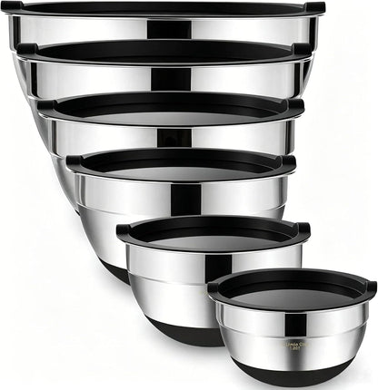 Versatile 6-Piece Stainless Steel Mixing Bowls Set with Airtight Lids - Perfect for Mixing, Serving, and Food Storage in Modern Black