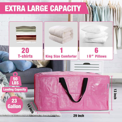 6 Pack Extra Large Moving Bags with Zippers & Carrying Handles Backpack Straps, Heavy-Duty Storage Tote for Space Saving Moving Storage (Pink)