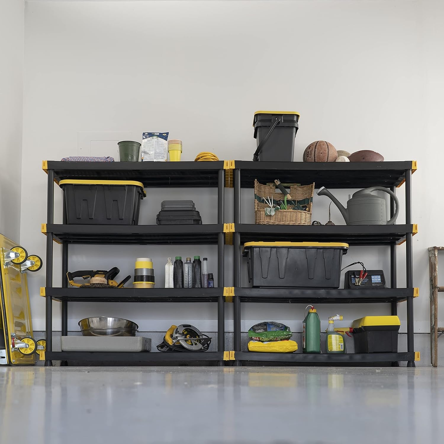 Black & YELLOW, Shelving Unit and Heavy Duty Storage Containers, Extremely Durable (Shelf + 27 Gallon Container (4-Pack))