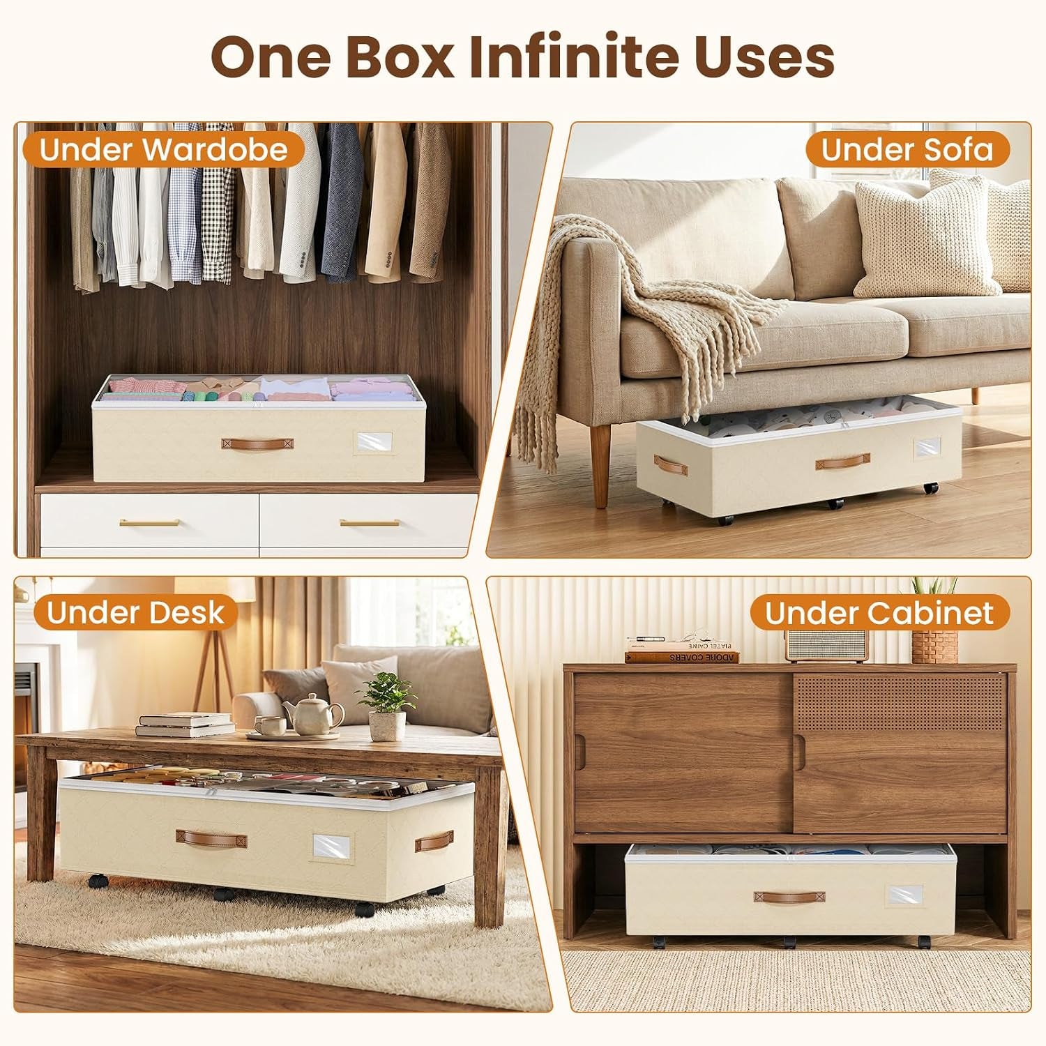 80L 2 Pack Adjustable under Bed Storage with Wheels, Beige | Underbed Containers with Clear Lids, Rolling Underbed Shoe Storage Organizer for Dorm Clothes, Blankets, Easy to Install