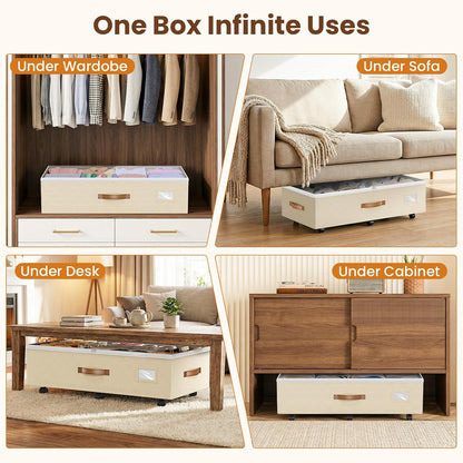 80L 2 Pack Adjustable under Bed Storage with Wheels, Beige | Underbed Containers with Clear Lids, Rolling Underbed Shoe Storage Organizer for Dorm Clothes, Blankets, Easy to Install