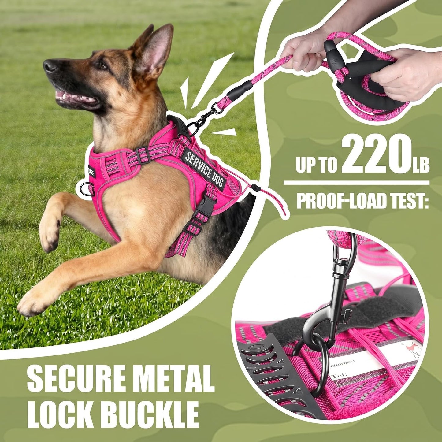 Service Dog Tactical Vest Harness and Leash Set Large Sized Dog Emotional Support- Tactical Dog Harness Training Collar with Name (Rose Red, L)