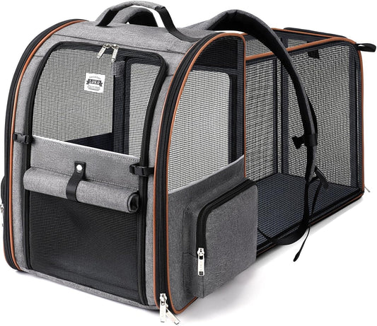 Cat Carrier Backpack, Expandable Pet Carrier with Sun Shade & Full Front Opening, Breathable Mesh Backpack for Small Dogs & Medium Cats up to 18 Lbs, Foldable for Hiking, Camping (Grey)