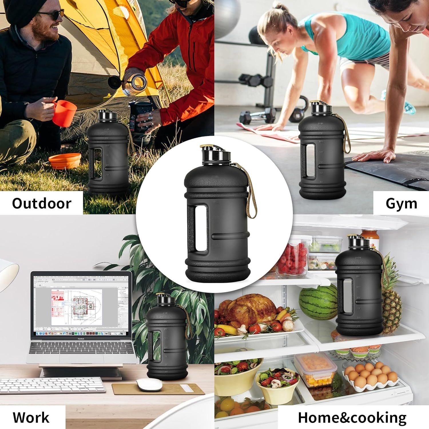 2 Liter Water Bottles - Half Gallon Water Bottle BPA Free - Ideal for Gym, Big Water Jug, Reusable Sports Bottle with Measurements Marked Drink Container (2.2L 74Oz Matte Black Water Jugs) | Half Gallon