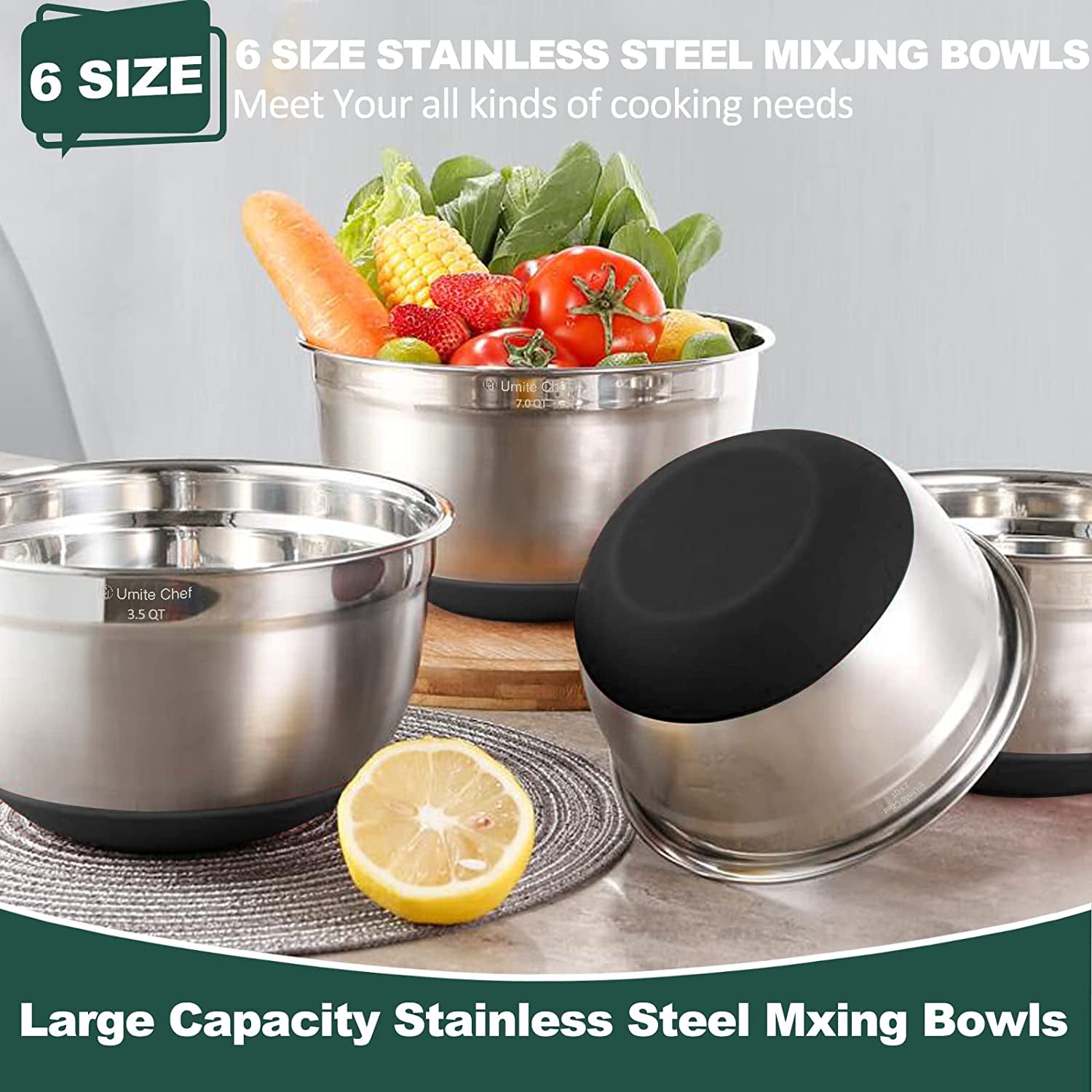 Versatile 6-Piece Stainless Steel Mixing Bowls Set with Airtight Lids - Perfect for Mixing, Serving, and Food Storage in Modern Black