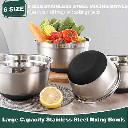 Versatile 6-Piece Stainless Steel Mixing Bowls Set with Airtight Lids - Perfect for Mixing, Serving, and Food Storage in Modern Black