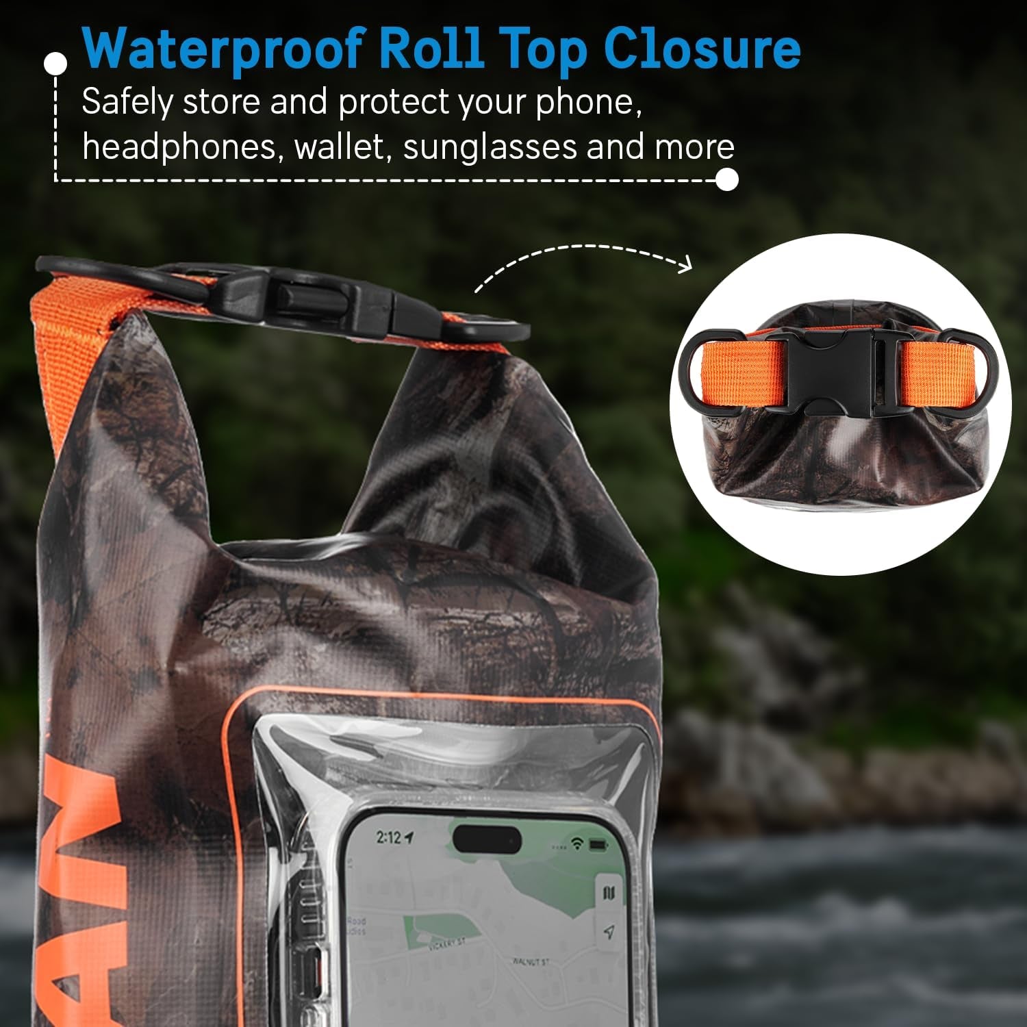 Pelican Marine IP68 Waterproof Dry Bag 2L W/Phone Pouch/Case - Hunter Camo | Roll Top Waterproof Backpack with Touchscreen Phone Pouch - Swimming, Kayaking, Camping, Rafting, Fishing & Travel Essentials