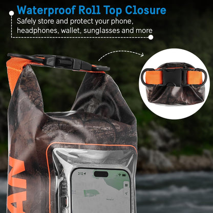 Pelican Marine IP68 Waterproof Dry Bag 2L W/Phone Pouch/Case - Hunter Camo | Roll Top Waterproof Backpack with Touchscreen Phone Pouch - Swimming, Kayaking, Camping, Rafting, Fishing & Travel Essentials