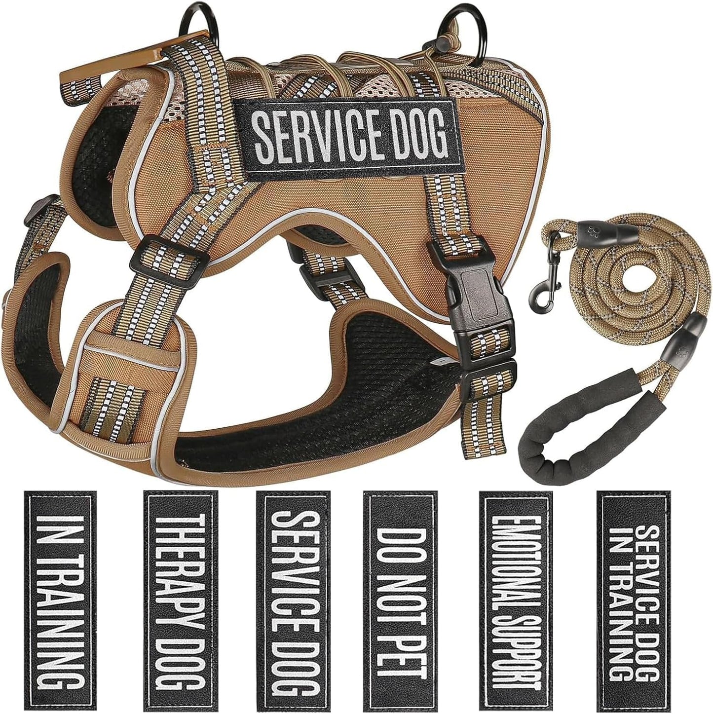 Service Dog Tactical Vest Harness and Leash Set Large Sized Dog Emotional Support- Tactical Dog Harness Training Collar with Name (Khaki, L)