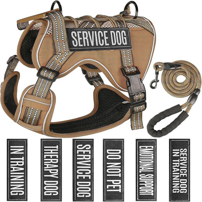 Service Dog Tactical Vest Harness and Leash Set Large Sized Dog Emotional Support- Tactical Dog Harness Training Collar with Name (Khaki, L)