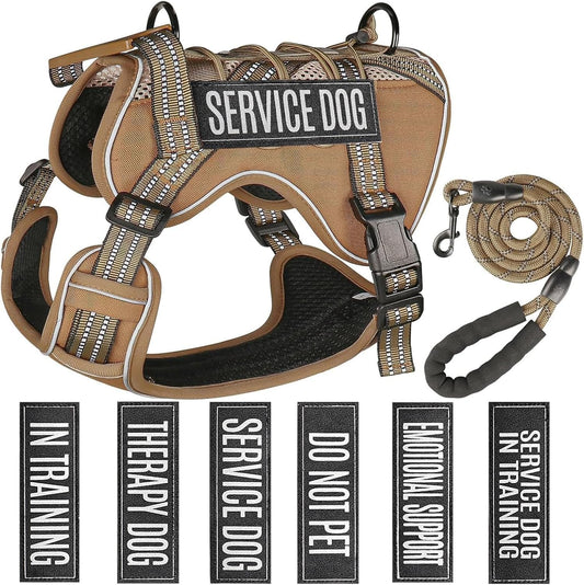 Service Dog Tactical Vest Harness and Leash Set Large Sized Dog Emotional Support- Tactical Dog Harness Training Collar with Name (Khaki, L)