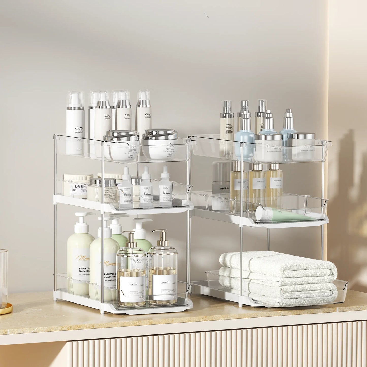 2-Pack 3-Tier Pull-Out under Sink Organizer, Stackable Sliding Storage Shelves for Bathroom Kitchen Pantry, White