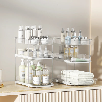 2-Pack 3-Tier Pull-Out under Sink Organizer, Stackable Sliding Storage Shelves for Bathroom Kitchen Pantry, White