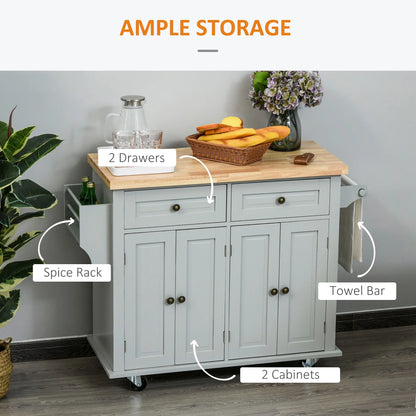 Kitchen Island on Wheels, Rolling Cart with Rubber Wood Top, Spice Rack, Towel Rack & Drawers for Dining Room, Gray